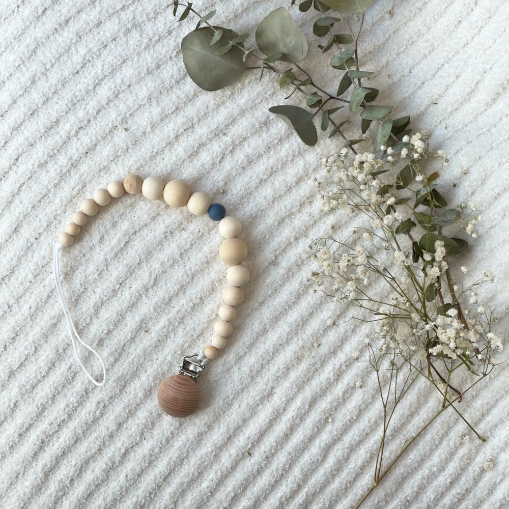 Neutral Silicone and Wood Bead Pacifier/Teether Clip